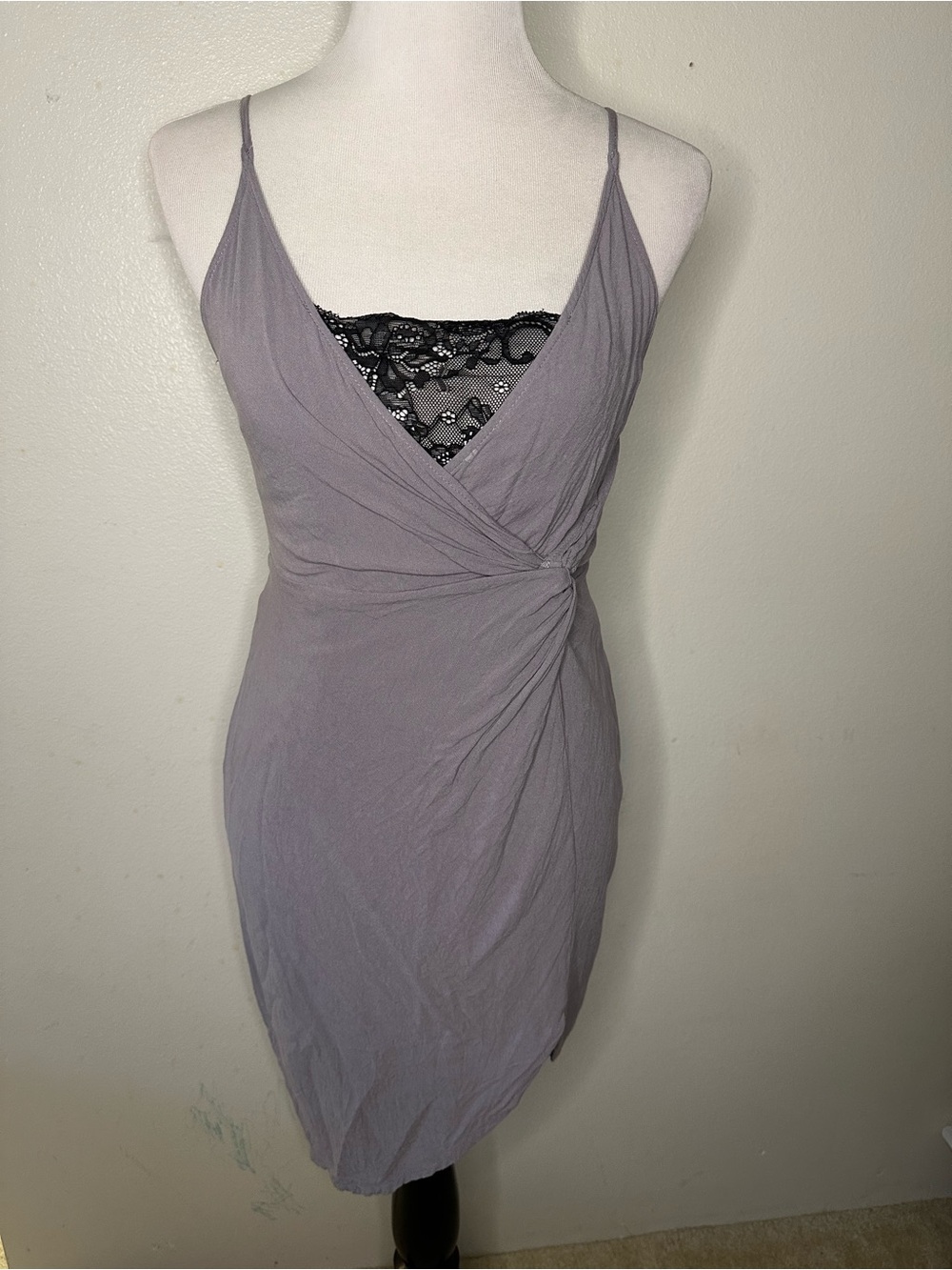 Wrap-Style Slip Dress with Black Lace Inset